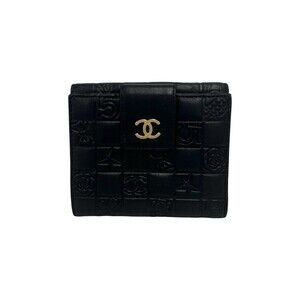 CHANEL Chanel Icon Coco Mark Lambskin Genuine Leather Bi-fold Wallet Mini Bla...